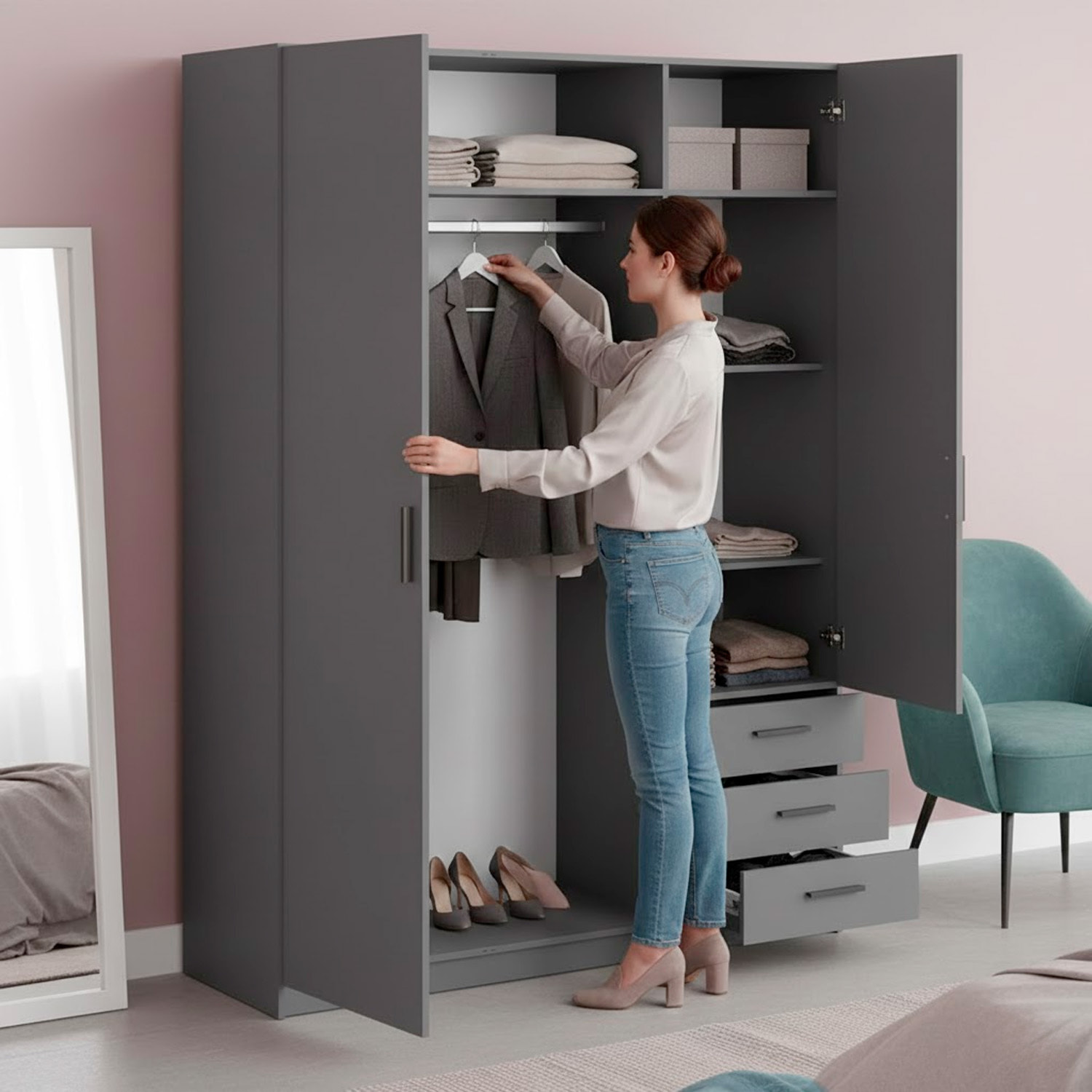 Armadio Con 3 Ante R 3 Cassetti Barra Appendiabiti E 4 Ripiani Di Cui 2 Regolabili Design Moderno Capiente 147 x 49.8 x 200.4 Cm Grigio Scuro