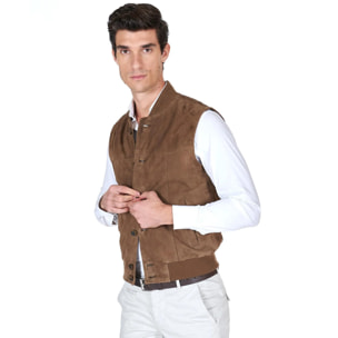 Gilet in pelle camoscio color fango con bottoni