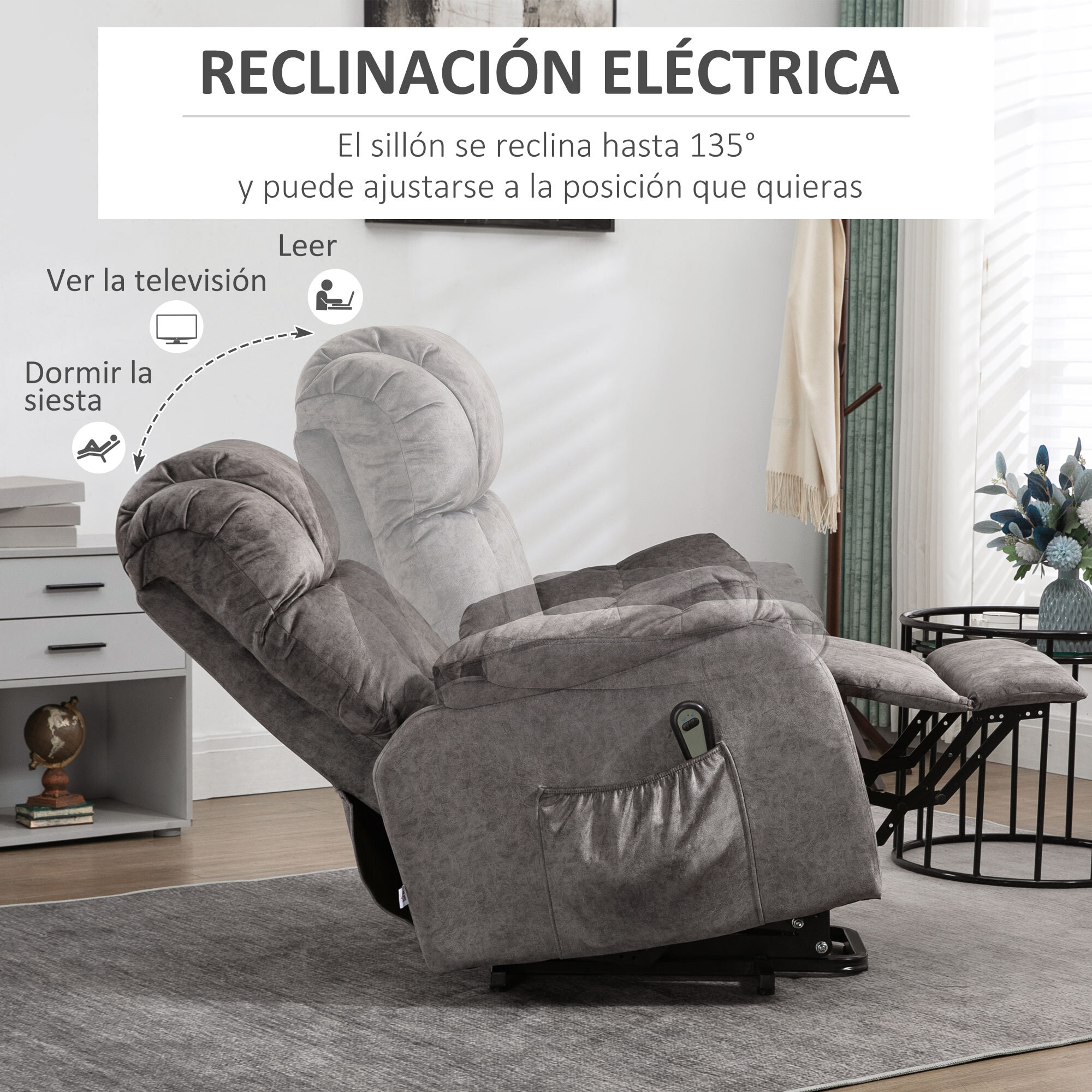 Sillón Relax Levanta Personas Eléctrico Silla Elevadora Eléctrica con Reposapiés 2 Bolsillos Laterales Mando a Distancia y Reclinación Eléctrica hasta 135° Gris