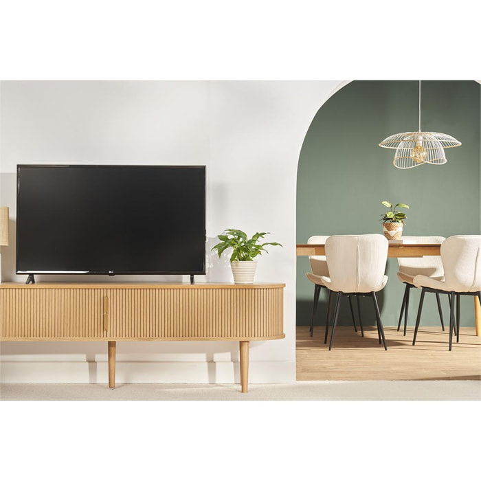Meuble TV vintage bois clair chêne avec rangements 2 portes coulissantes L180 cm EPIC