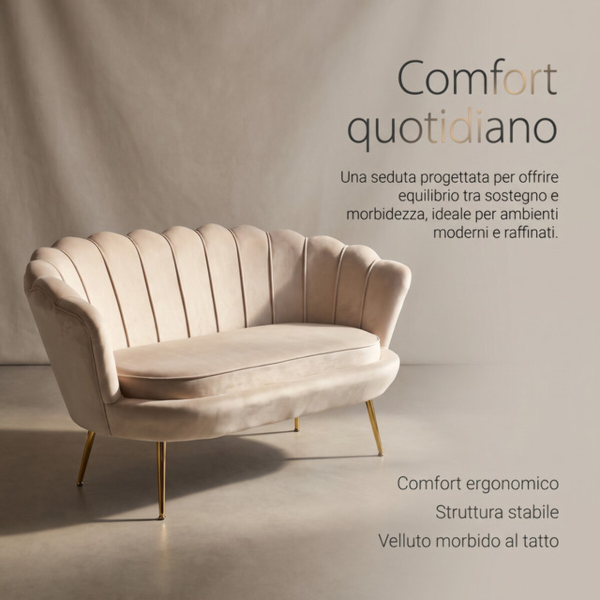 Divano 2 Posti in Velluto con Schienale a Ventaglio, Seduta Imbottita dallo Stile Elegante per Soggiorno, Studio e Camera da Letto