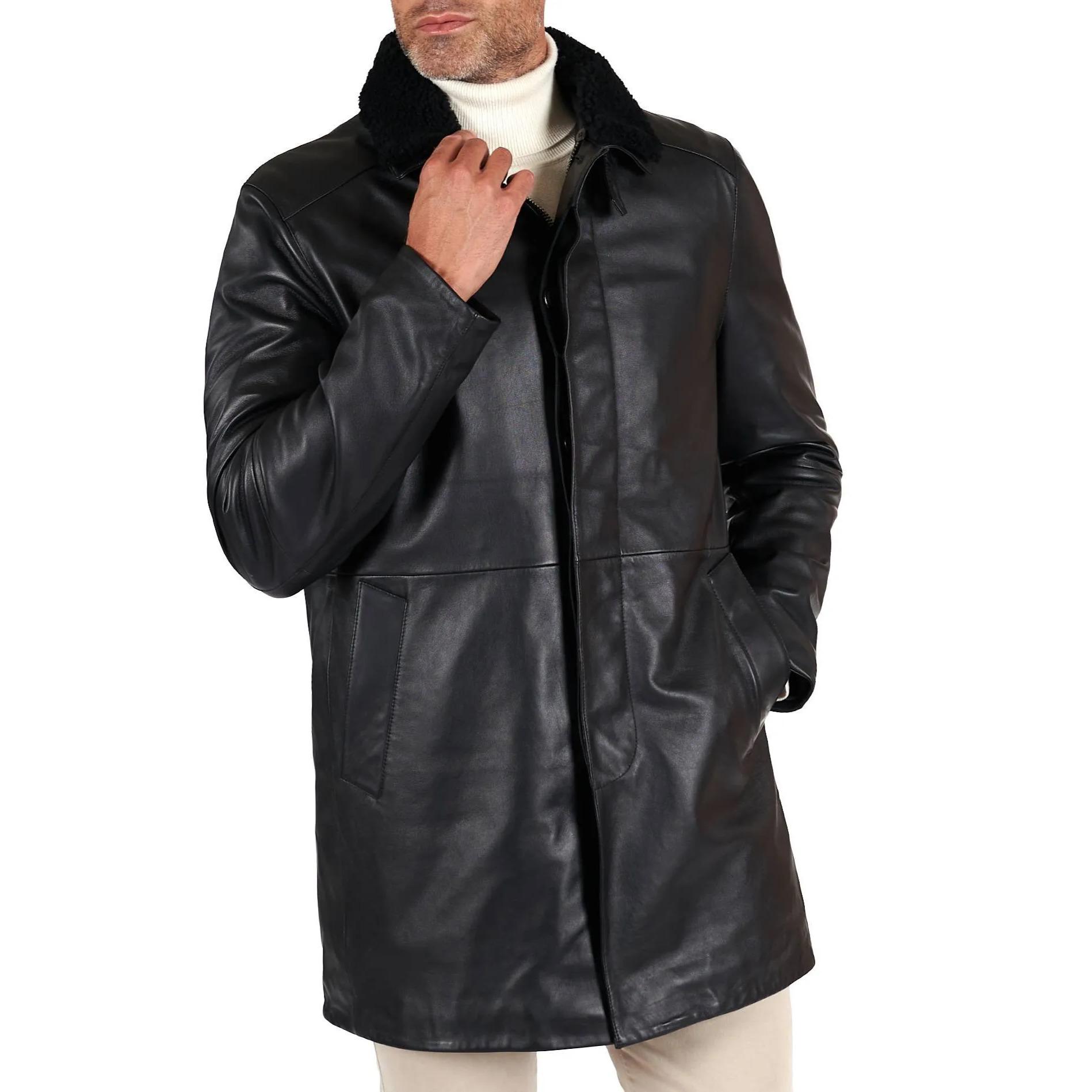 Cappotto in pelle nappa nera trapunta staccabile