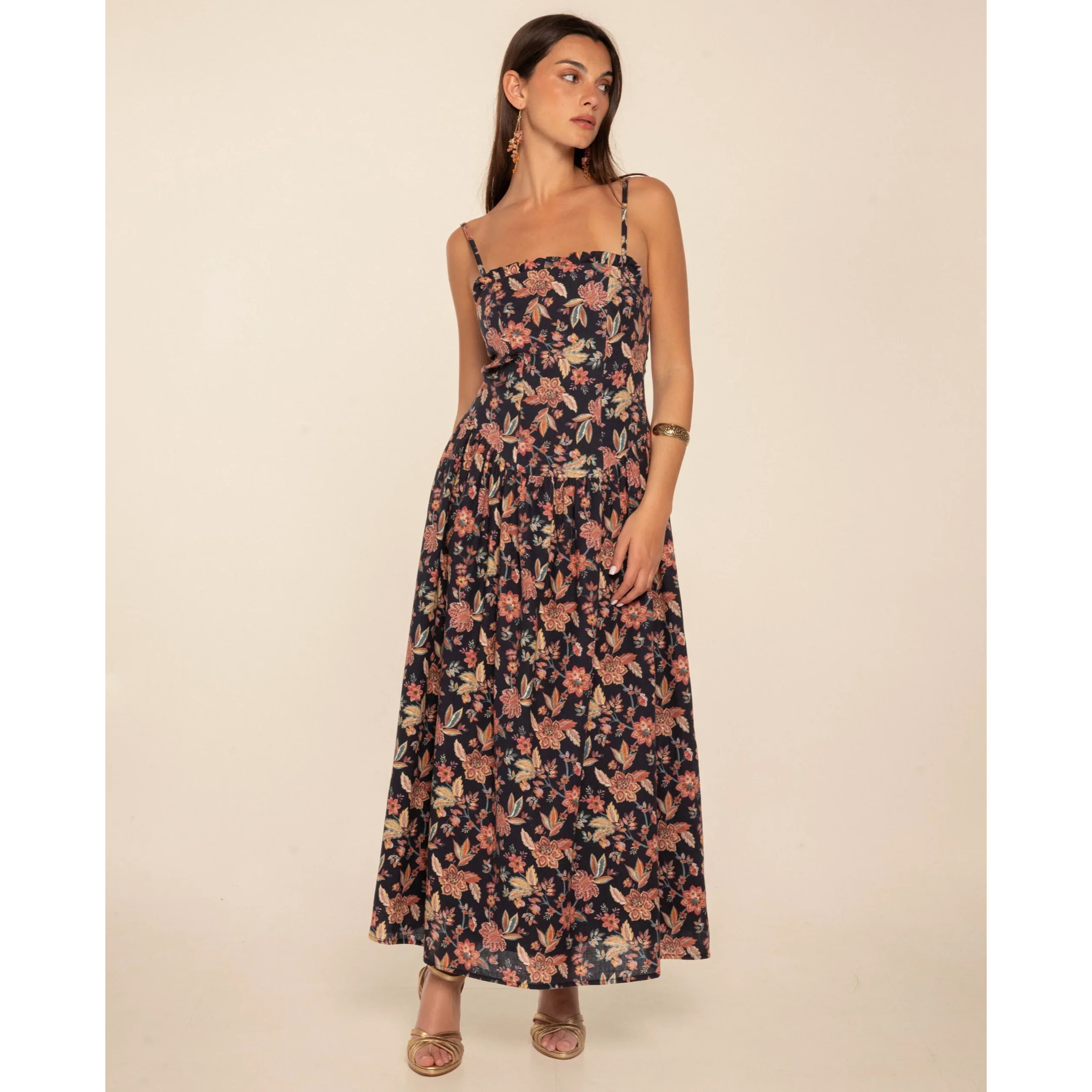 Vestido midi con tirante fino de algodón