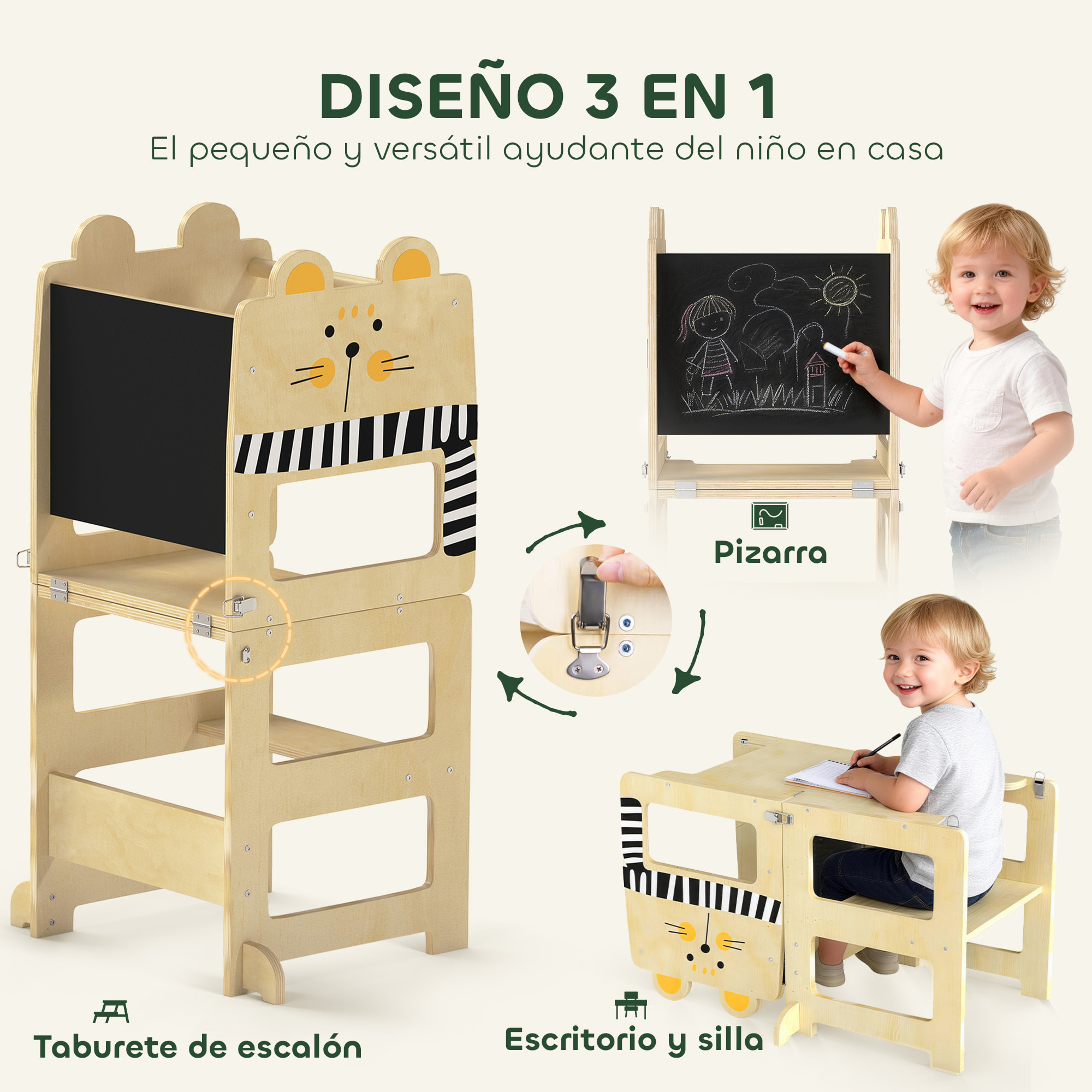 Torre de Aprendizaje 3 en 1 Plegable, Convertible en Escritorio y Silla, Taburete de Aprendizaje para Niños de 2-5 Años con Pizarra, Dibujos de Gatos, para Baño, Cocina, Natural
