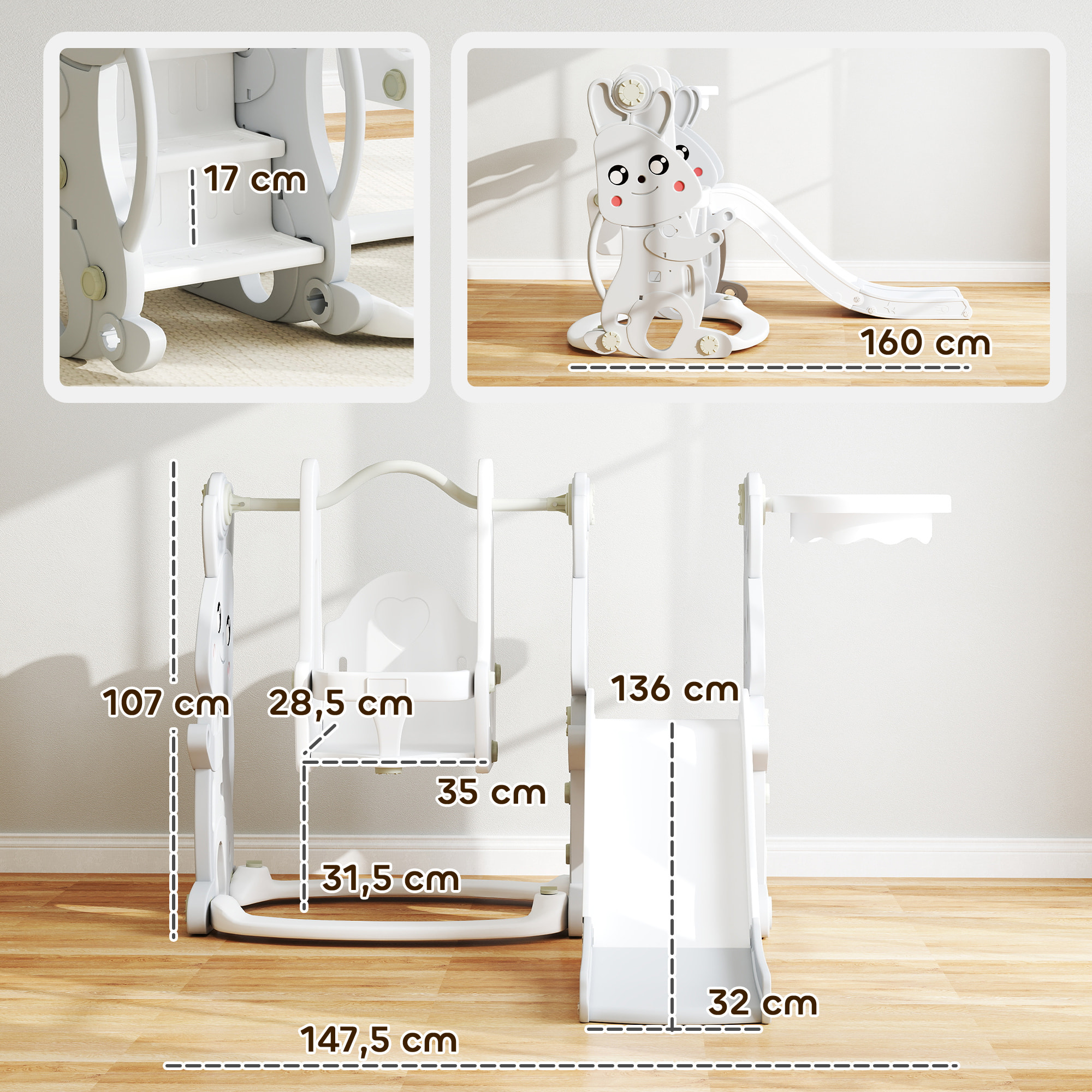 Tobogán Infantil 4 en 1 Columpio y Tobogán Trepador Aro de Baloncesto Temática de Conejo Parque Infantil para Interior y Exterior Gris y Blanco