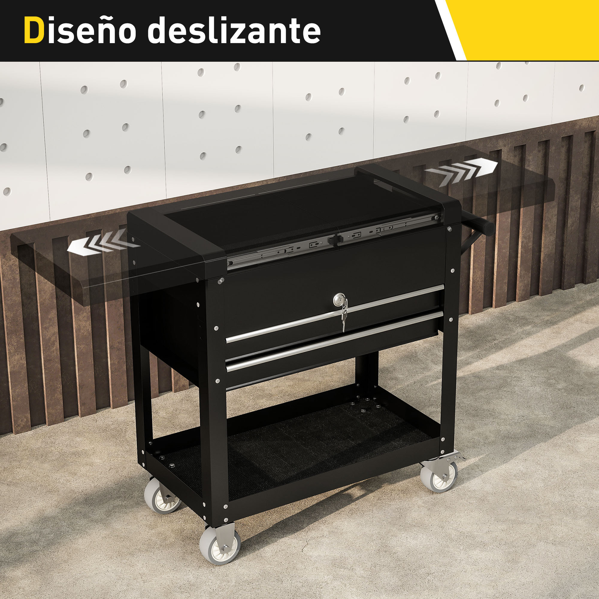 Carro de Herramientas con Ruedas, Carro de Taller Móvil con Tapa Deslizante, 2 Cajones con Cerradura, Bandeja, Caja de Herramientas de Acero, para Taller, Garaje, Negro
