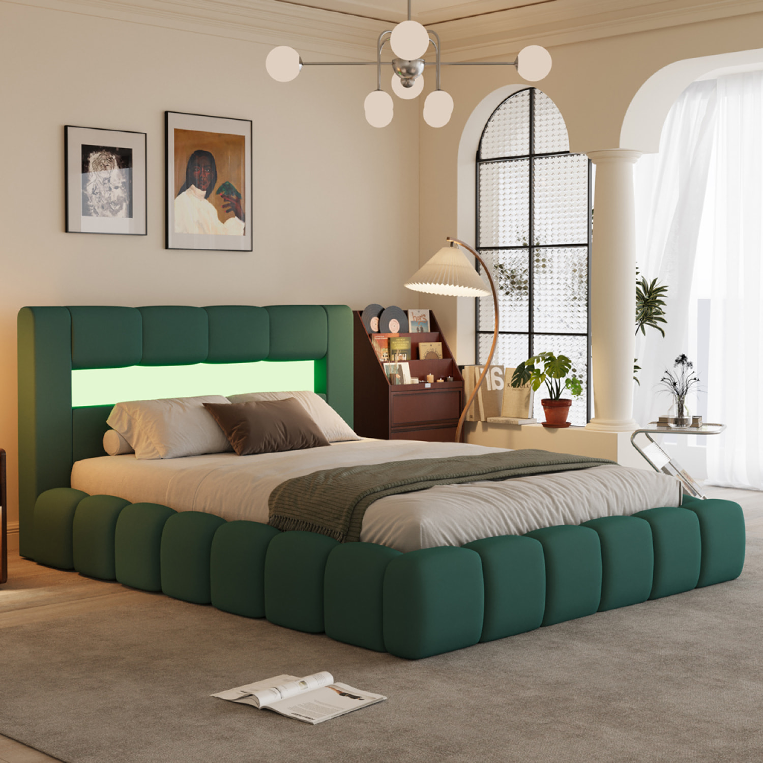 MAKILA Lit nuage coffre LED 160x200cm velours vert avec tête de lit et sommier