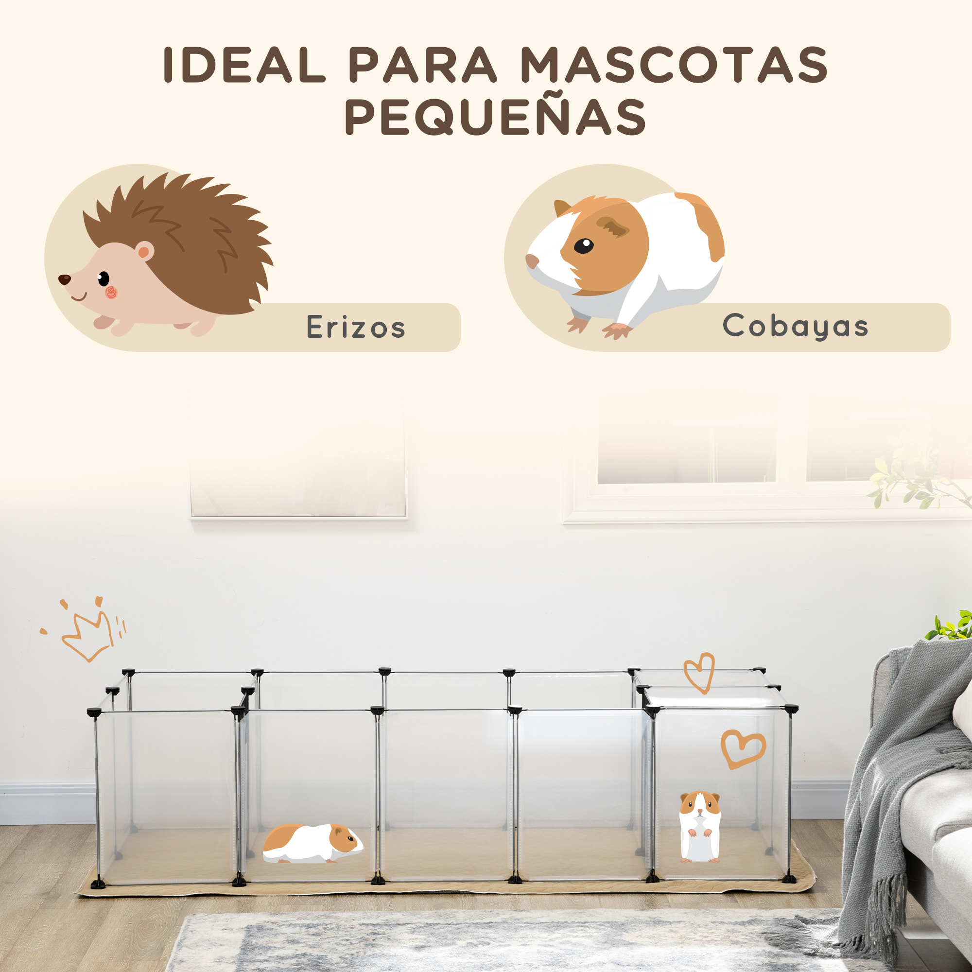 Valla para Mascotas DIY con Alfombrilla Parque para Animales Pequeños con 20 Paneles de Resina Jaula Modular para Cobayas Conejos Chinchillas 175x70x45 cm Blanco