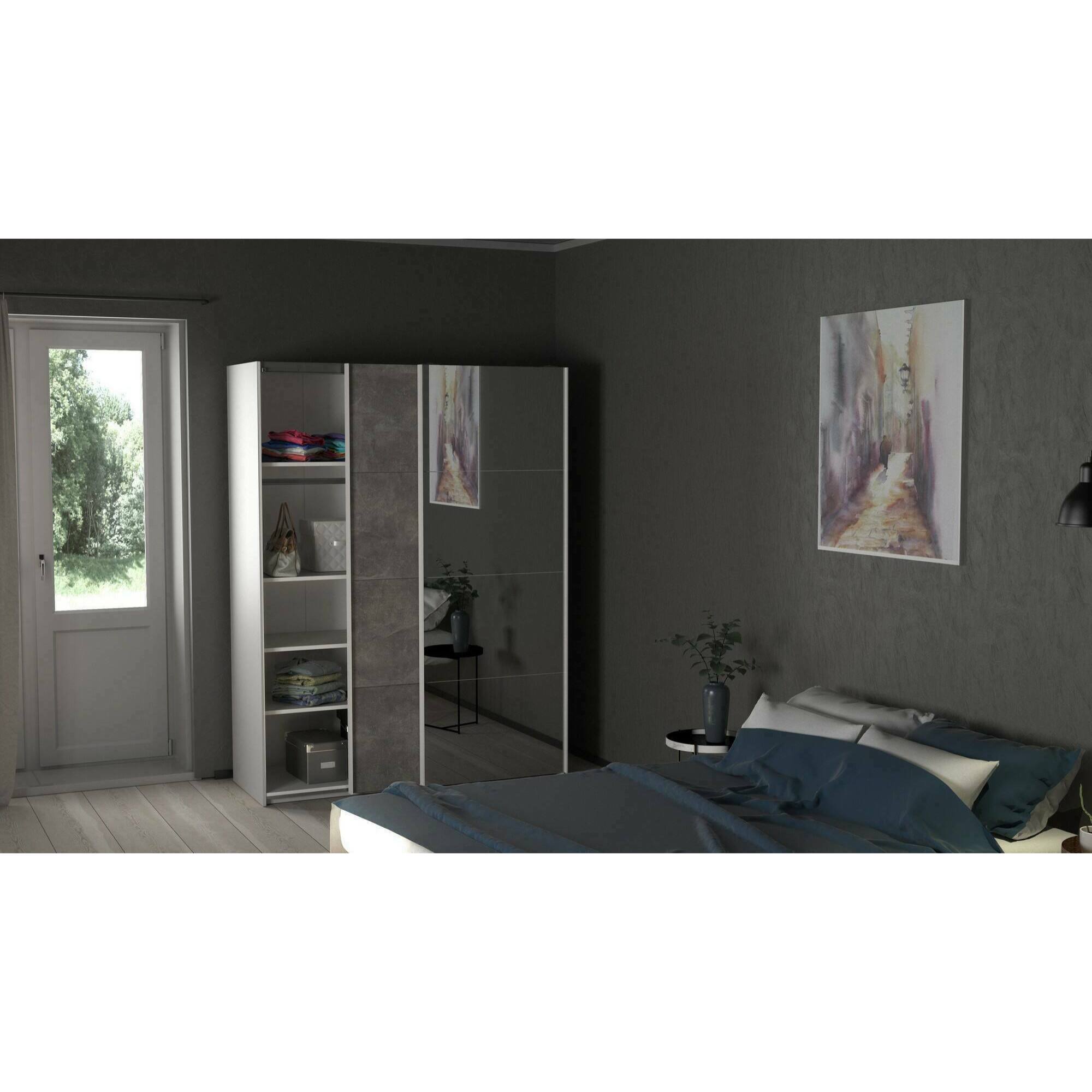 Guardaroba 2 ante Seraphine, Mobile camera da letto, Cabina armadio portabiti, Armadio appendiabiti, 150x61 h200 cm, Bianco e Grigio