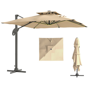 Parasol déporté LED carré double toit inclinable pivotant 360° manivelle piètement acier dim. 3L x 3l x 2,66H m beige
