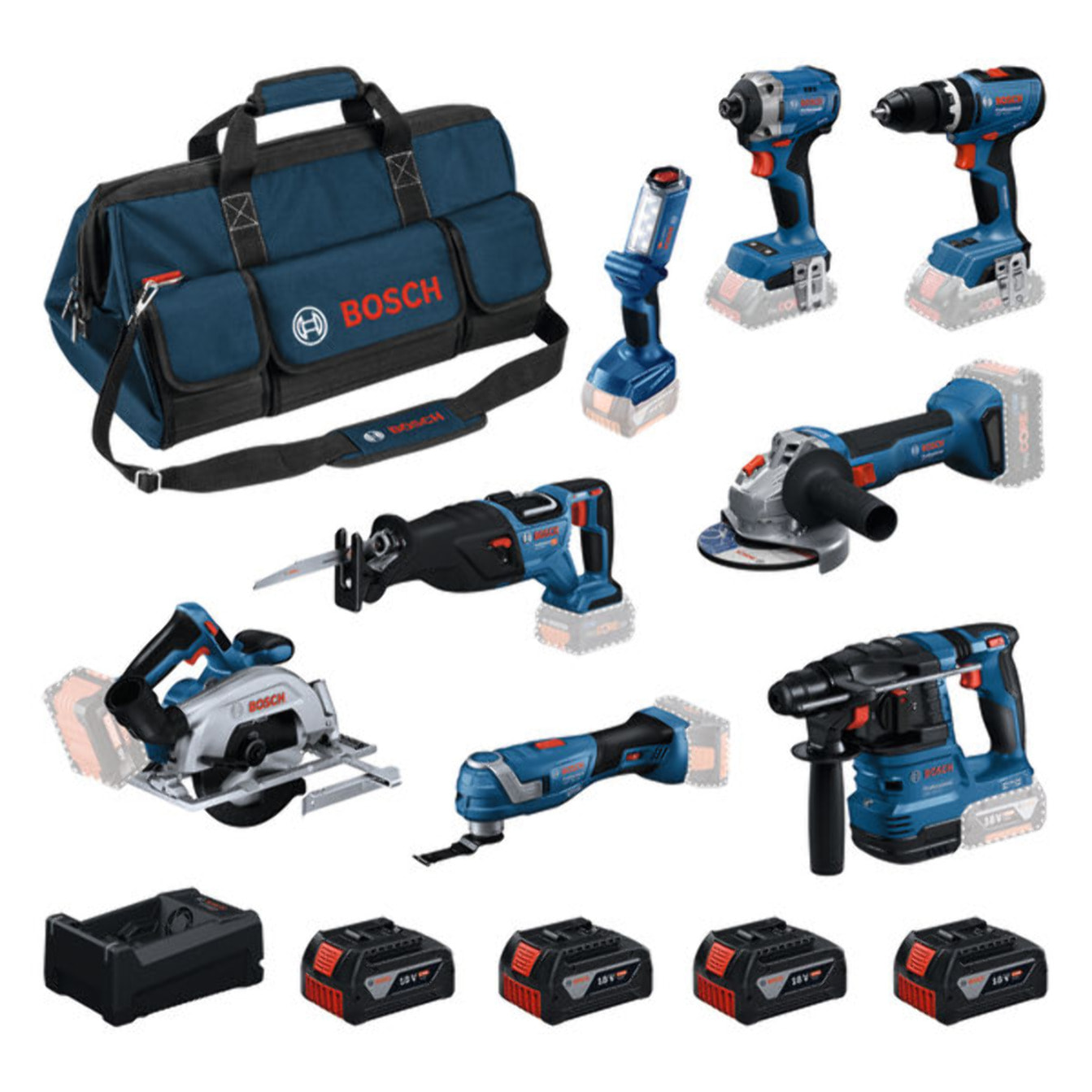Kit batterie 8 outils : 18V GBH 18V-22, GWS 18V-8, GDR 18V-215, GSB 18V-65, GKS 18V-57-2, GSA 18V-28, GOP 18V-34, GLI 18V-300 4x GBA 5.0Ah et chargeur GAL 12V/18V-80 dans sac à outils - BOSCH - 0615V00061