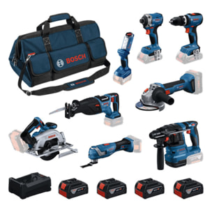 Kit batterie 8 outils : 18V GBH 18V-22, GWS 18V-8, GDR 18V-215, GSB 18V-65, GKS 18V-57-2, GSA 18V-28, GOP 18V-34, GLI 18V-300 4x GBA 5.0Ah et chargeur GAL 12V/18V-80 dans sac à outils - BOSCH - 0615V00061