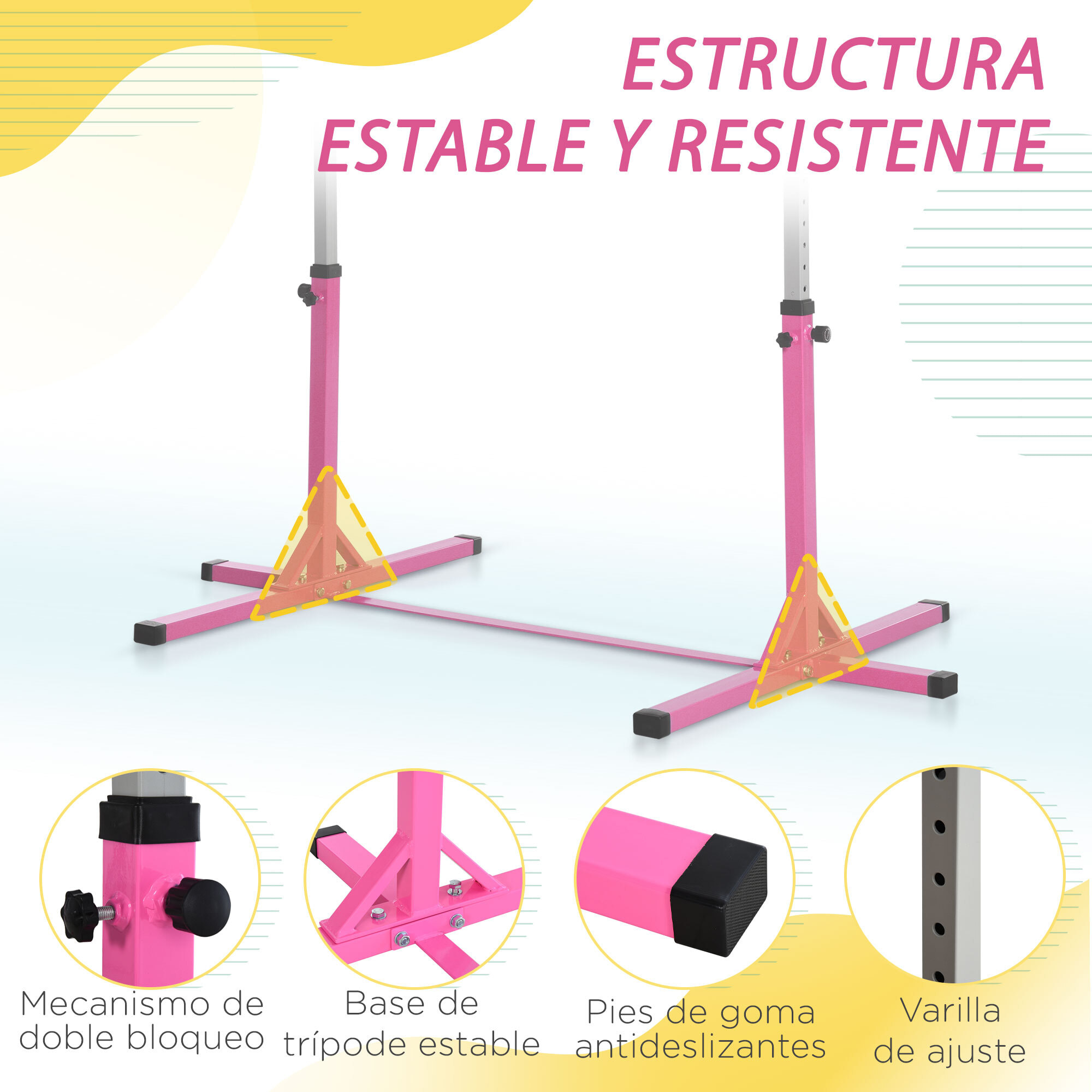 Barra de Gimnasia para Niños de +3 Años Barra de Entrenamiento con Altura Ajustable 92-150 cm Barra Horizontal de Gimnasia Carga 75 kg 197x121x150 cm Rosa