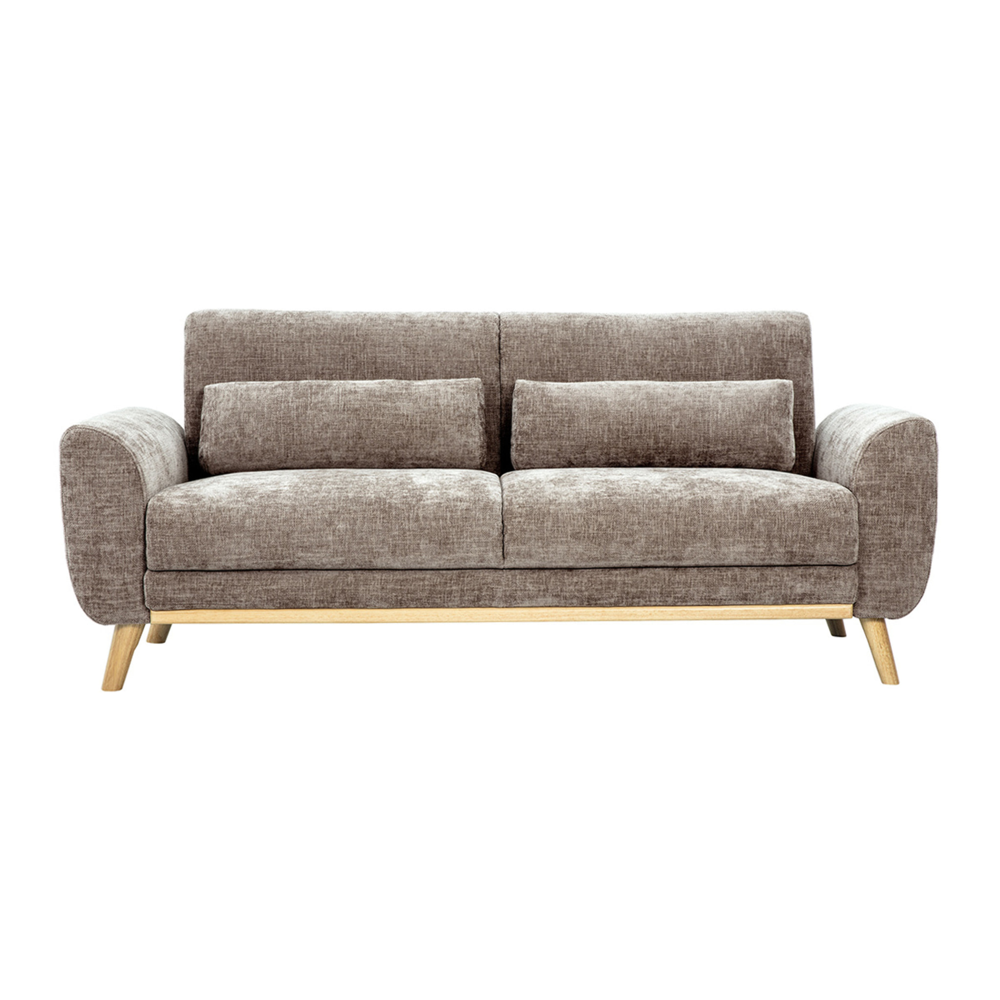 Canapé scandinave 3 places en tissu effet velours texturé taupe et bois clair EKTOR