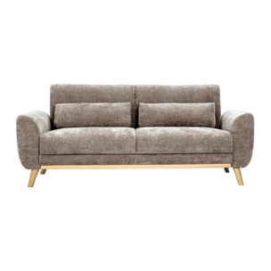 Canapé scandinave 3 places en tissu effet velours texturé taupe et bois clair EKTOR
