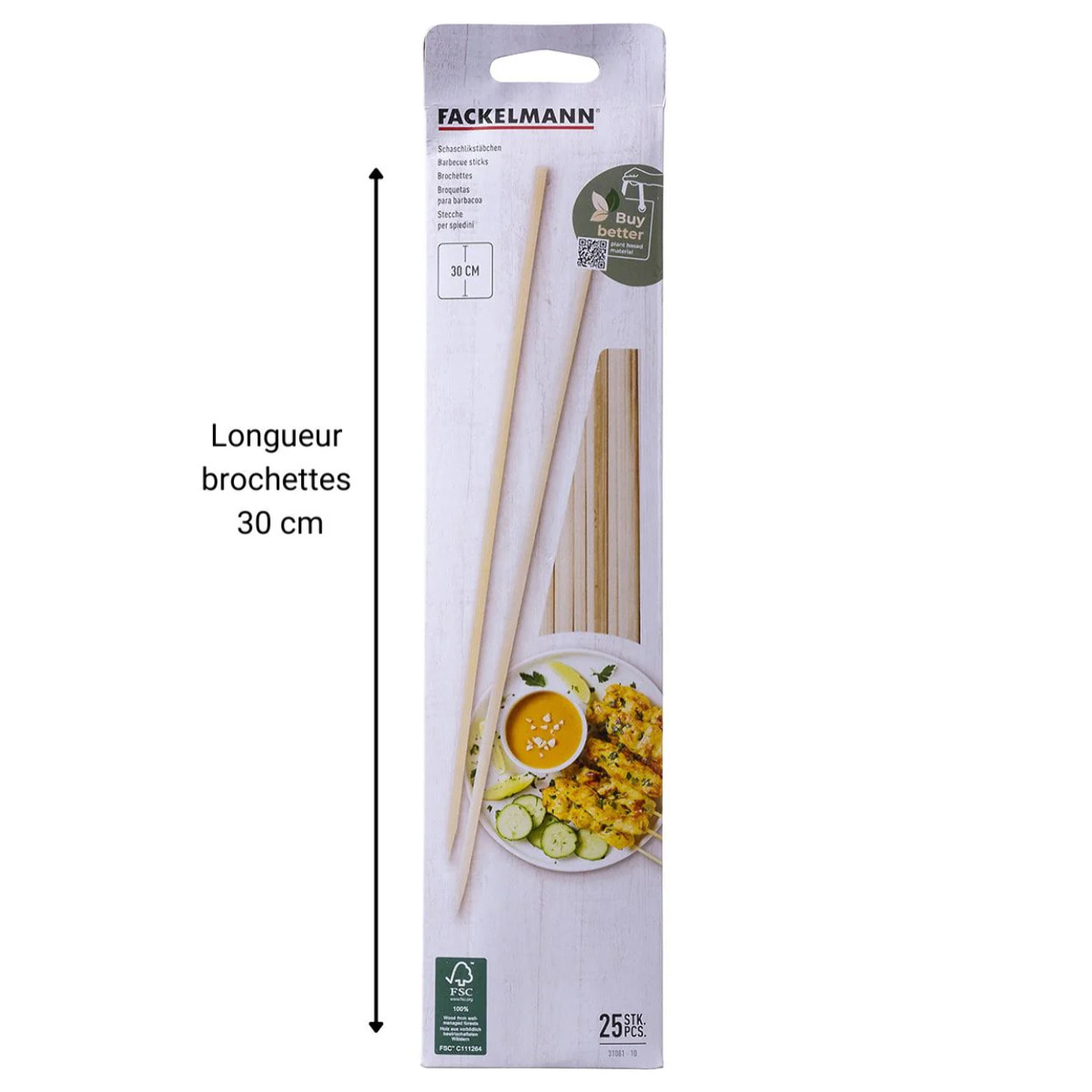 Lot de 25 pics à brochettes en bois de 30 cm Fackelmann Single Use