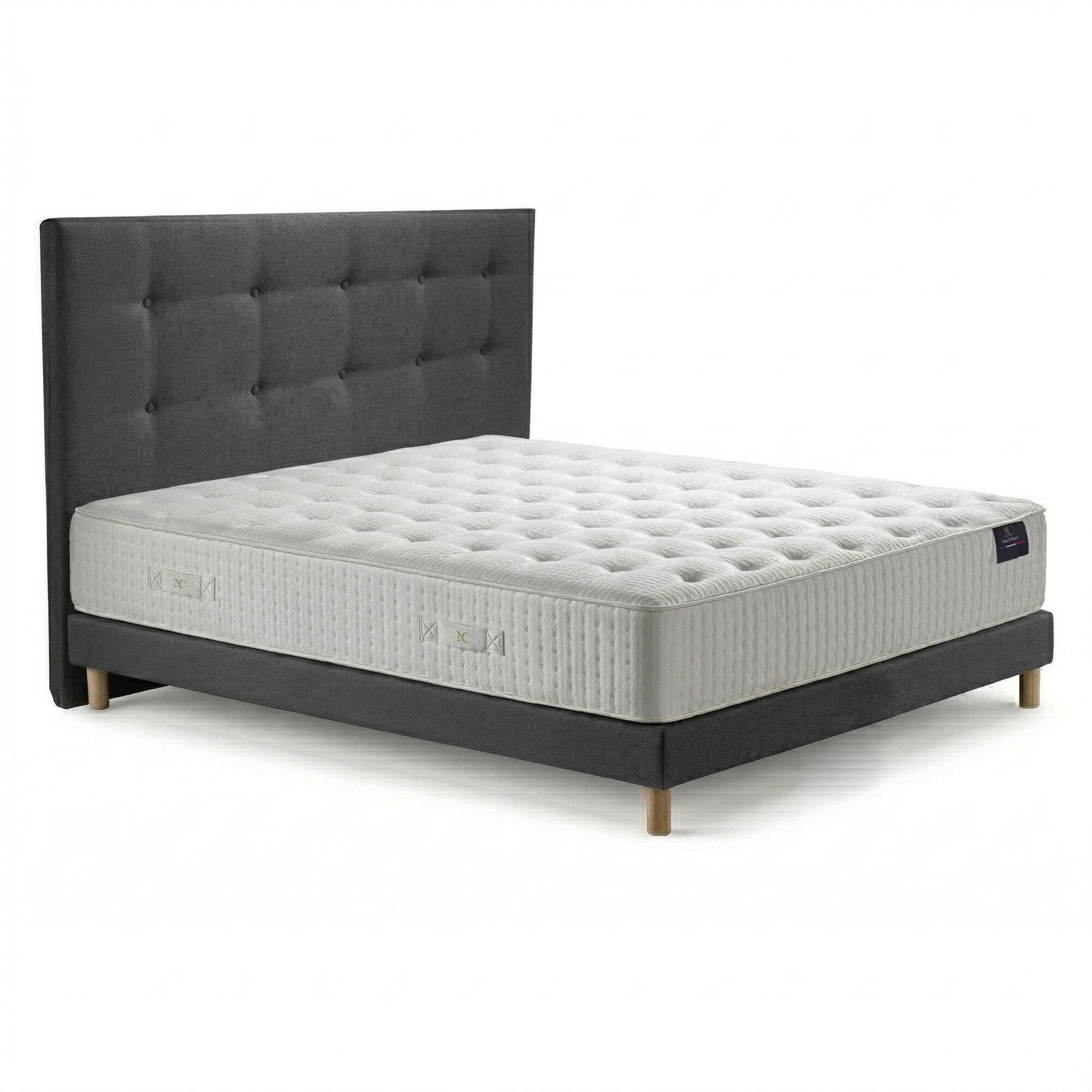 Ensemble matelas ressorts HÉLIOS, mémoire de forme, H31 cm, sommier et tête de lit gris foncé