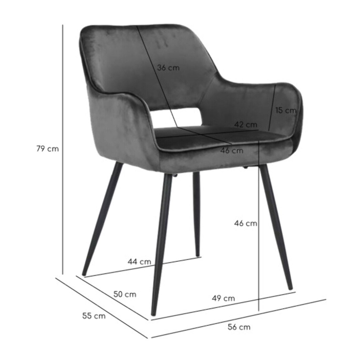 Chaise en velours gris anthracite avec accoudoirs dossier capitonné - GUILLAUME