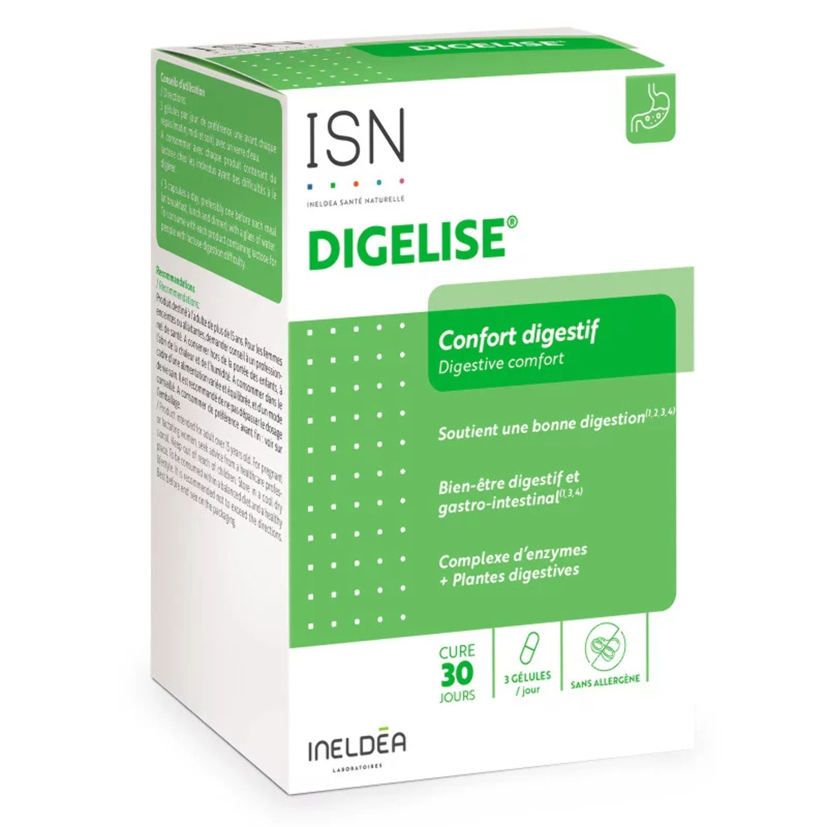 Ineldea Santé Naturelle - Digelise - Complément alimentaire naturel - Soutient une bonne digestion - Favorise le bien-être gastro-intestinal - Sans gluten - Sans OGM - Cure de 30 j - 90 gélules végétales