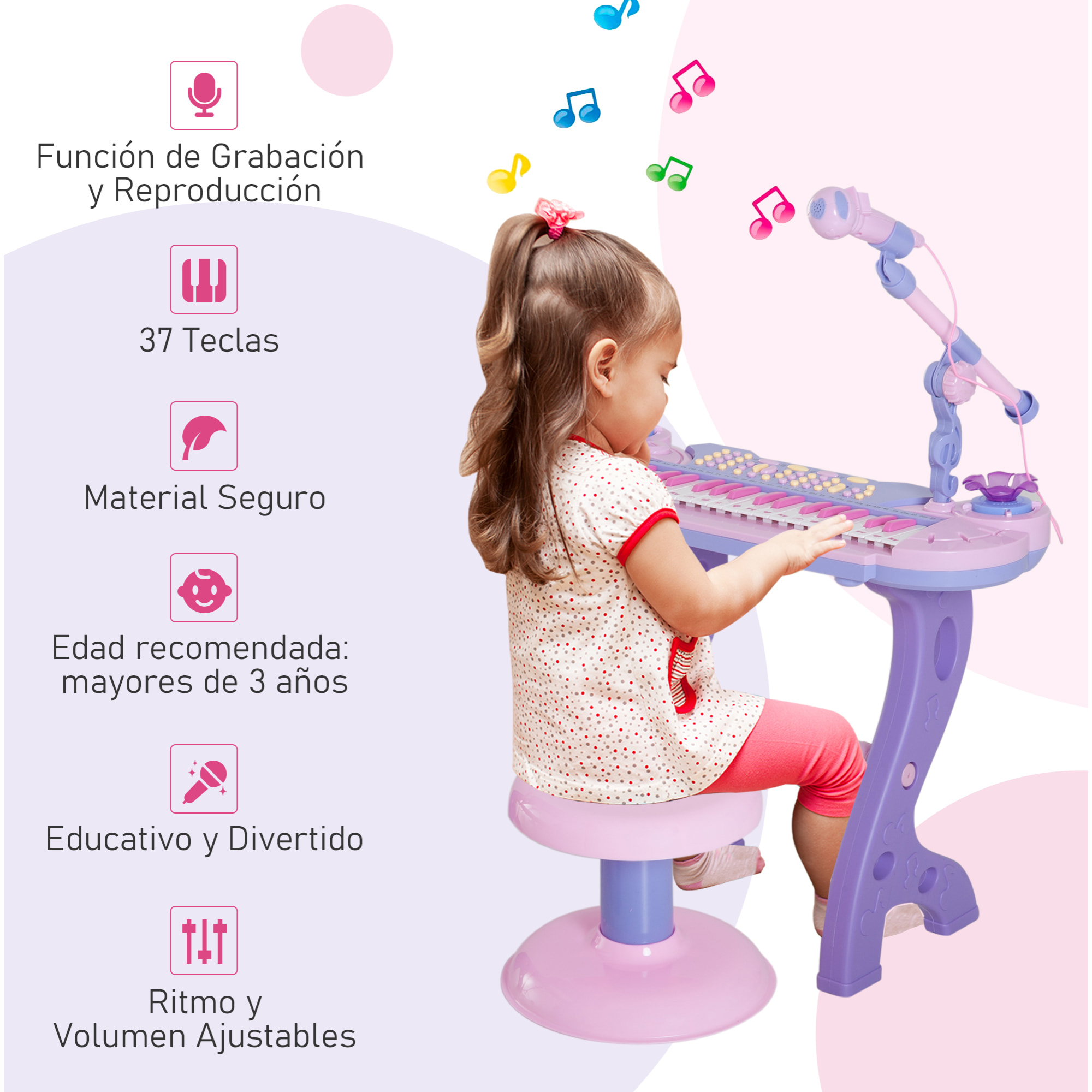 Piano Infantil 37 Teclas Rosa