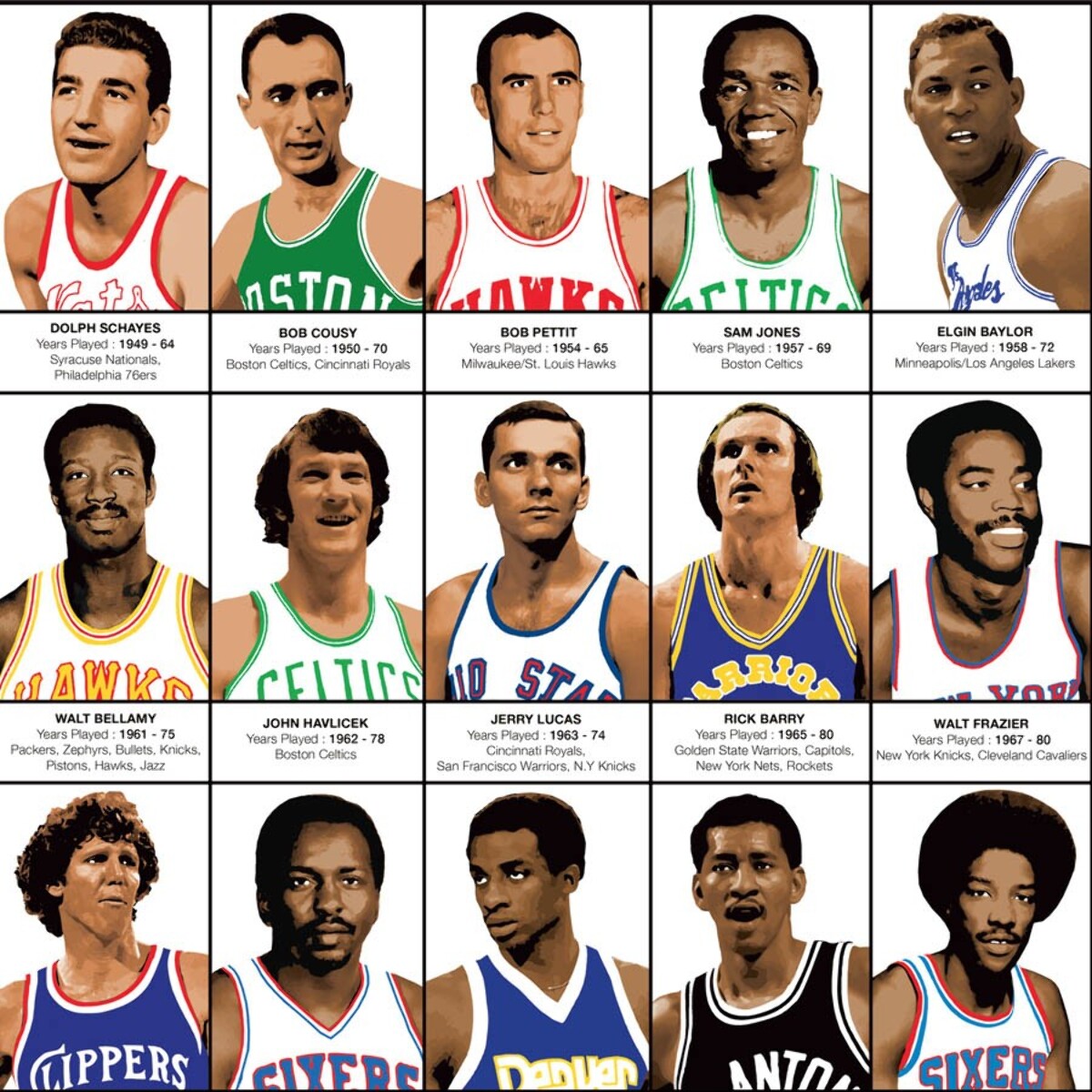 Affiche 50 x 70 cm - Legendary Basketball Players - Olivier Bourdereau