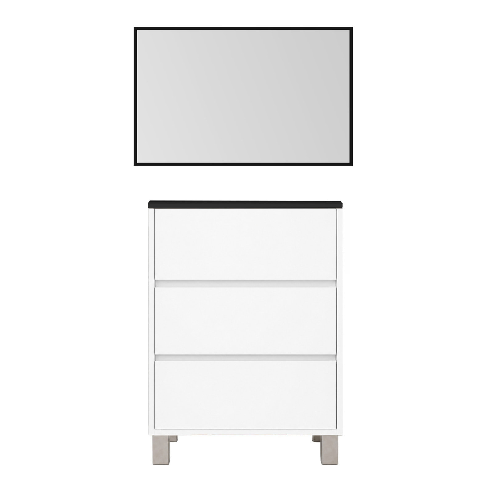 Meuble de Salle de Bains 50cm 3 tiroirs Blanc, Vasque Noire et Miroir Cadre Noir 50x70 - XENOS