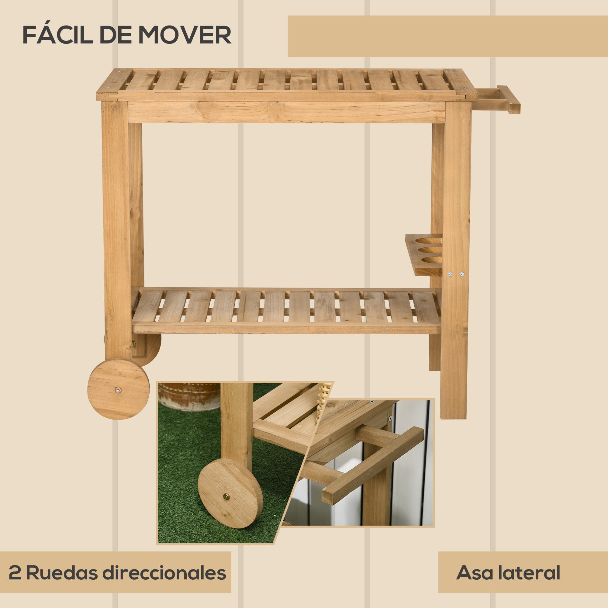 Carrito de Madera de Bar Carro de Servicio de 2 Niveles con Asa Lateral 3 Portabotellas y 2 Ruedas para Jardín Patio Terraza 95x47x74 cm Natural