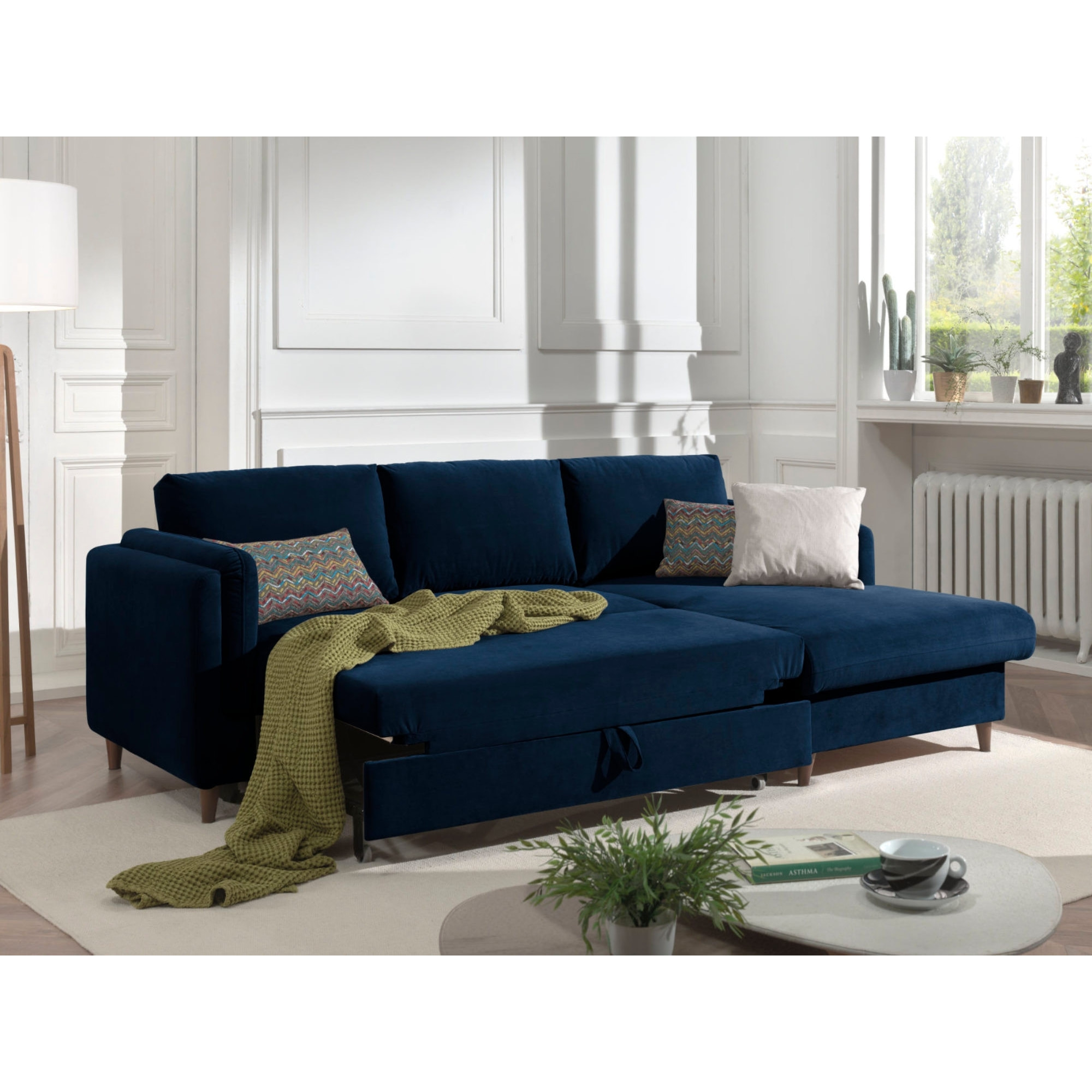 Brooke - canapé d'angle droit - convertible avec coffre - 4 places - en velours - Bleu nuit