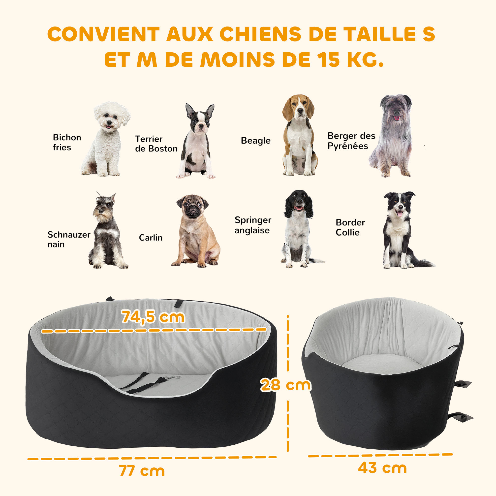 Siège auto chien grand confort avec coussin déhoussable - réglable, attache - polyester noir velours gris