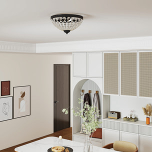 Lámpara de Techo de Cristal Clásica con 2 Casquillos E14, 40W, Plafón de Techo Vintage con 168 Cuentas de Cristal para Dormitorio, Salón, Cocina y Comedor, Negro