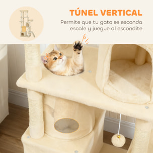 Árbol Rascador para Gatos Grande, Árbol para Gatos, Altura 170 cm, Torre de Escalada con 7 Postes, 1 Túnel, 3 Plataformas, 2 Cuevas, 1 Hamaca, 1 Percha, 1 Rampa, Pompones, Beige