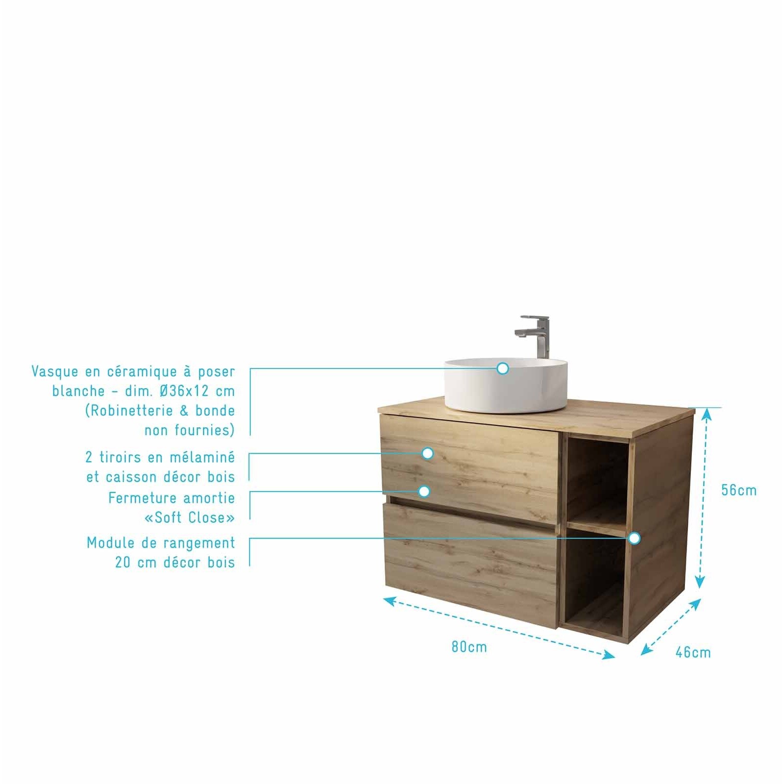 Meuble de salle de bains 80cm TIMBER Décor Chêne 2 Tiroirs et Module - Plan et Vasque Blanche