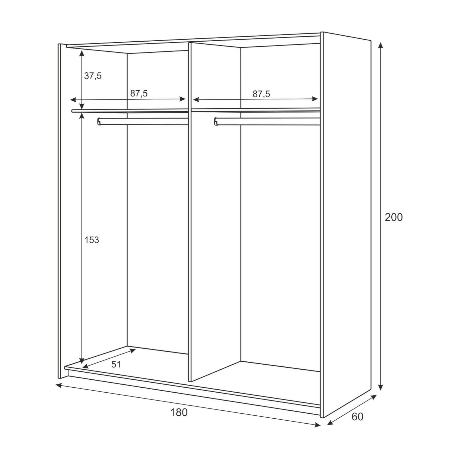 Guardaroba Elgin, Armadio per camera da letto a 2 ante scorrevoli, Mobile con barra appendiabiti e 3 ripiani, cm 180X60h200, Bianco e Rovere