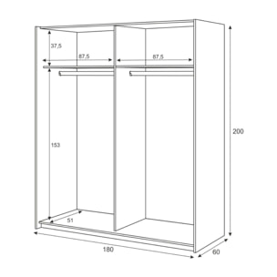 Guardaroba Elgin, Armadio per camera da letto a 2 ante scorrevoli, Mobile con barra appendiabiti e 3 ripiani, cm 180X60h200, Bianco e Rovere