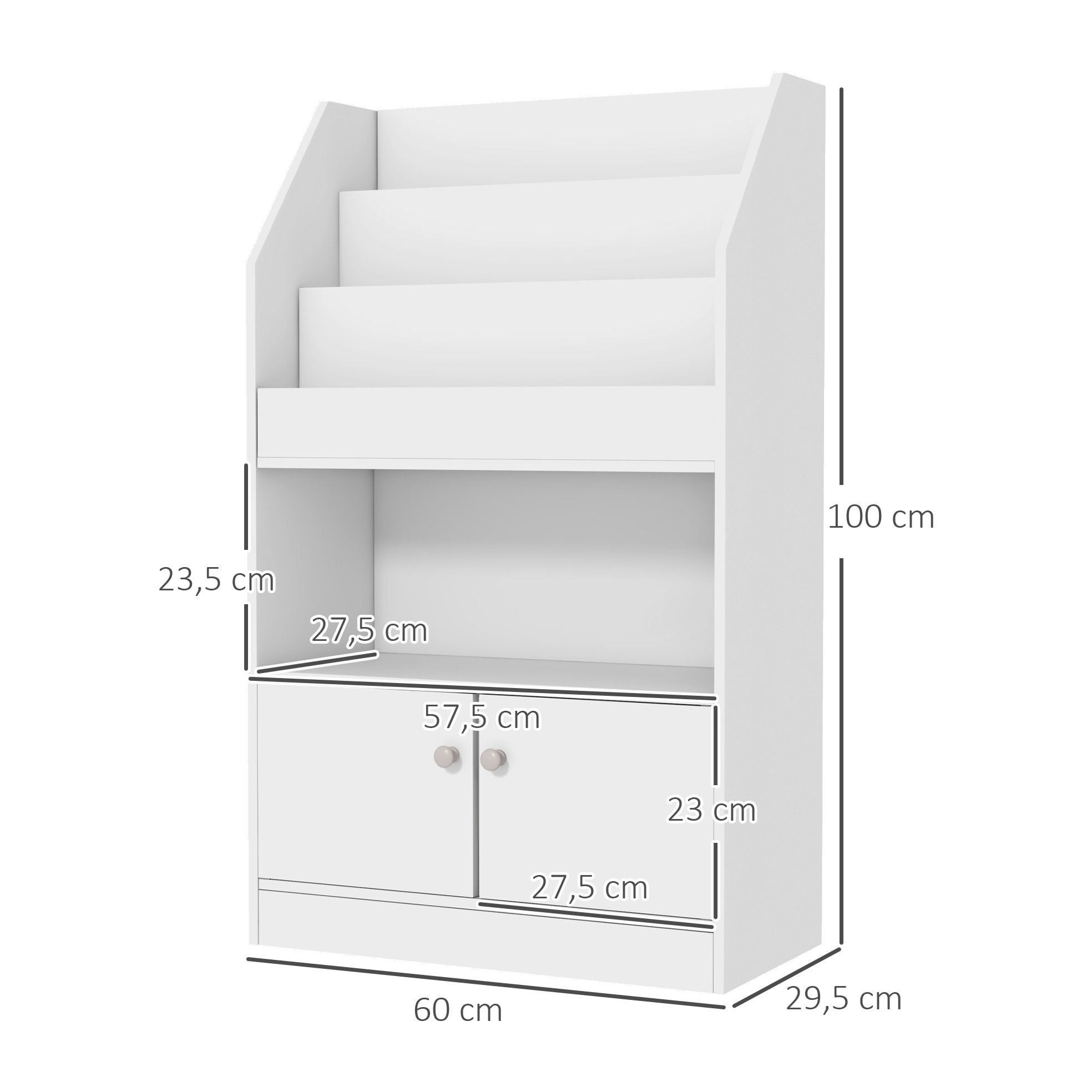 Estantería Juguetes Infantil Librería para Niños de 3 a 8 Años para Juguetes Libros Zapatos con 3 Compartimentos y 2 Armarios para Escuela Dormitorio 60x29,5x100 cm Blanco