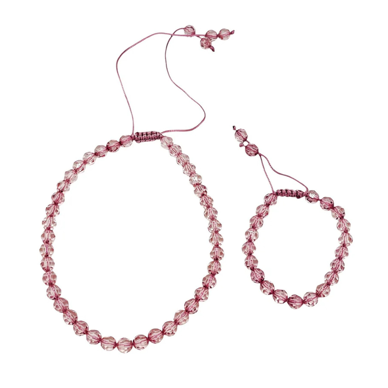 Conjunto collar y pulsera bolas facetadas en rosa. Ajustable