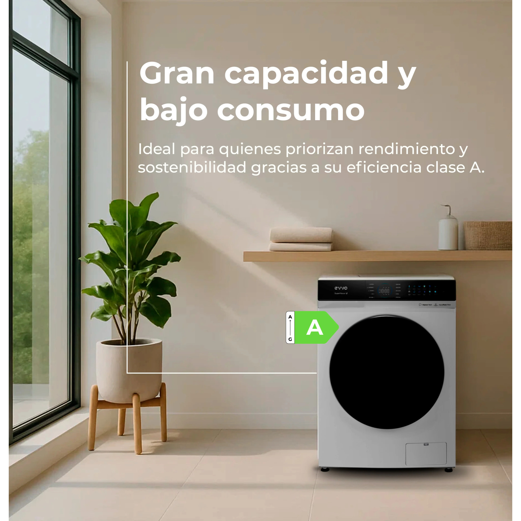 EVVO Lavadora 12 kg Supernova U12, 1350 rpm, Clase A, Motor Inverter, 14 programas, Vapor Steam Wash, Smart LOAD, lavado rápido, blanco