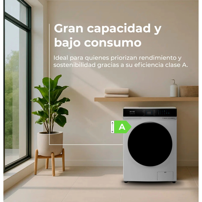 EVVO Lavadora 12 kg Supernova U12, 1350 rpm, Clase A, Motor Inverter, 14 programas, Vapor Steam Wash, Smart LOAD, lavado rápido, blanco