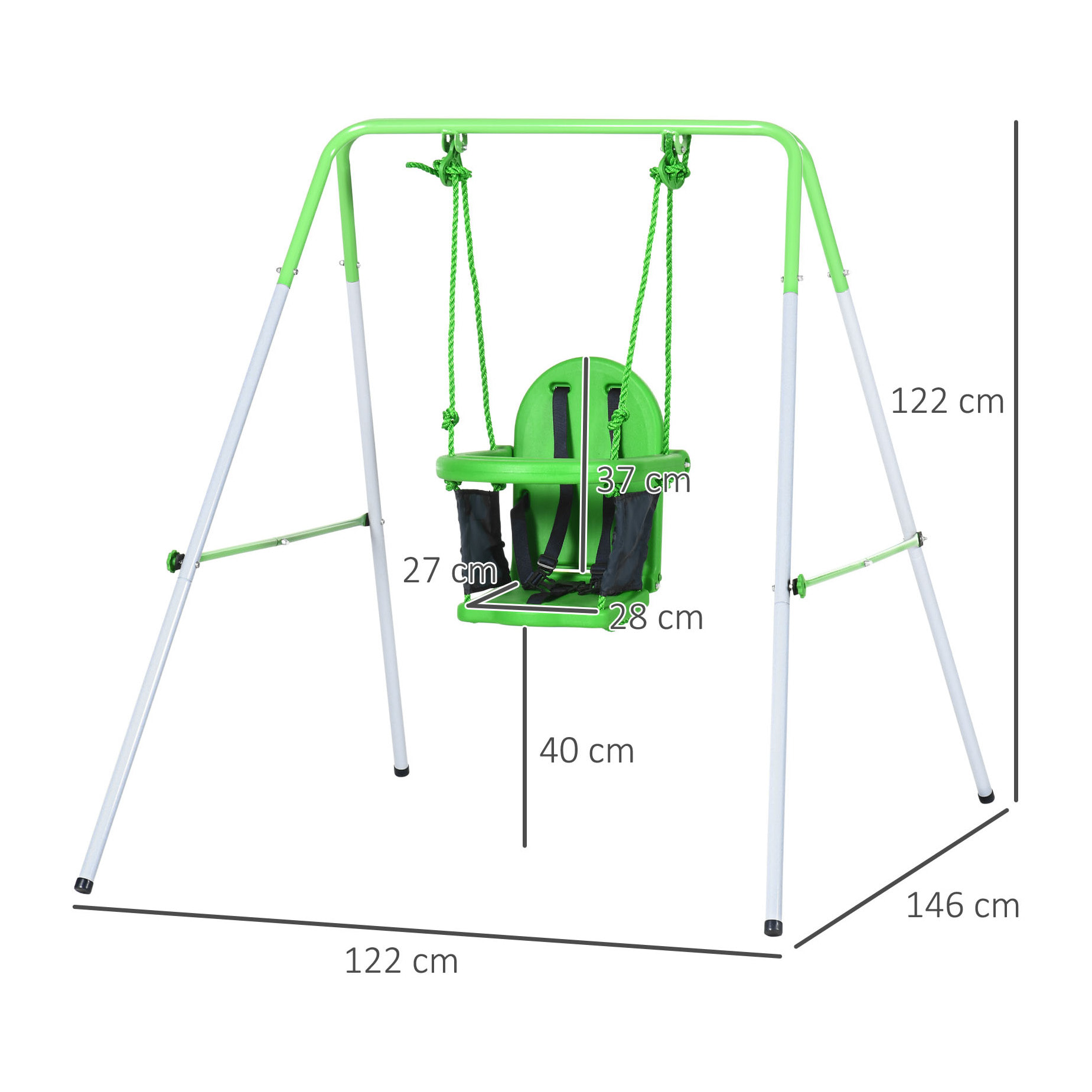 Portique balançoire enfant 6-36 mois - siège haut, accoudoirs, ceinture sécurité 2 points, barre protection - métal époxy blanc vert