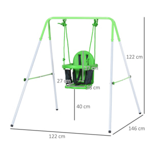 Portique balançoire enfant 6-36 mois - siège haut, accoudoirs, ceinture sécurité 2 points, barre protection - métal époxy blanc vert
