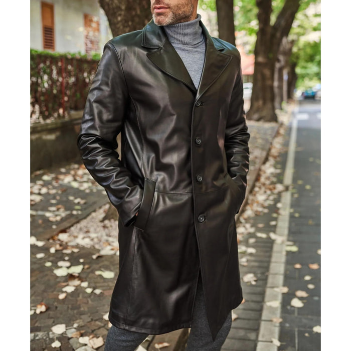 Cappotto in pelle nera lungo stile matrix nappa effetto liscio