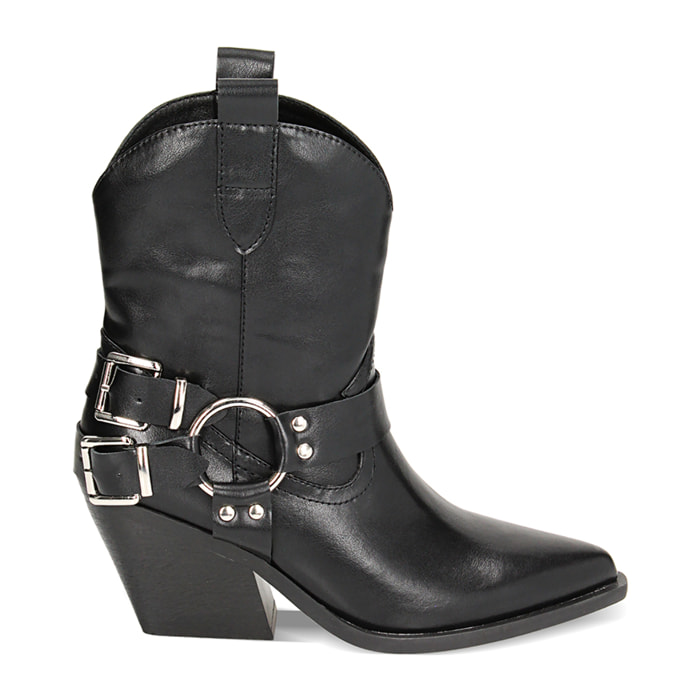 Tronchetti texani neri con fibbie, tacco 6,5 cm