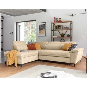 Clever - canapé d'angle gauche - 5 places - convertible avec coffre et têtières - en tissu - Beige