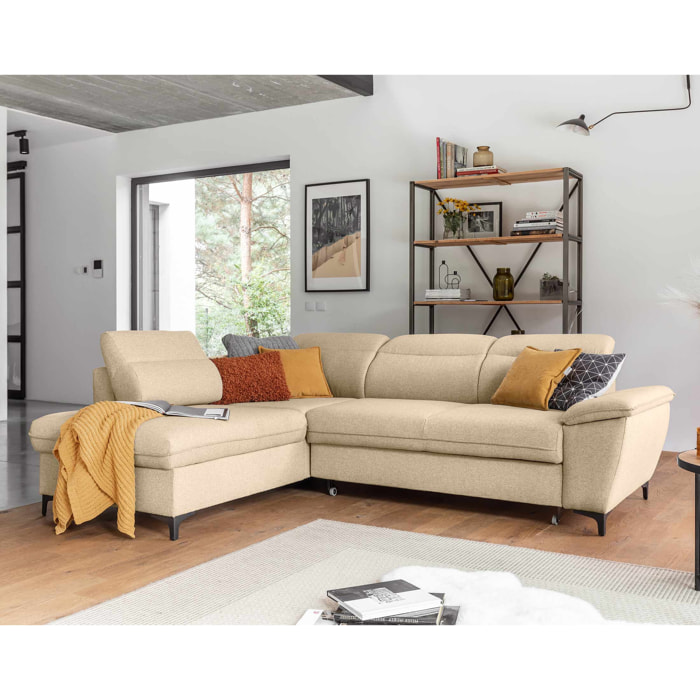 Clever - canapé d'angle gauche - 5 places - convertible avec coffre et têtières - en tissu - Beige