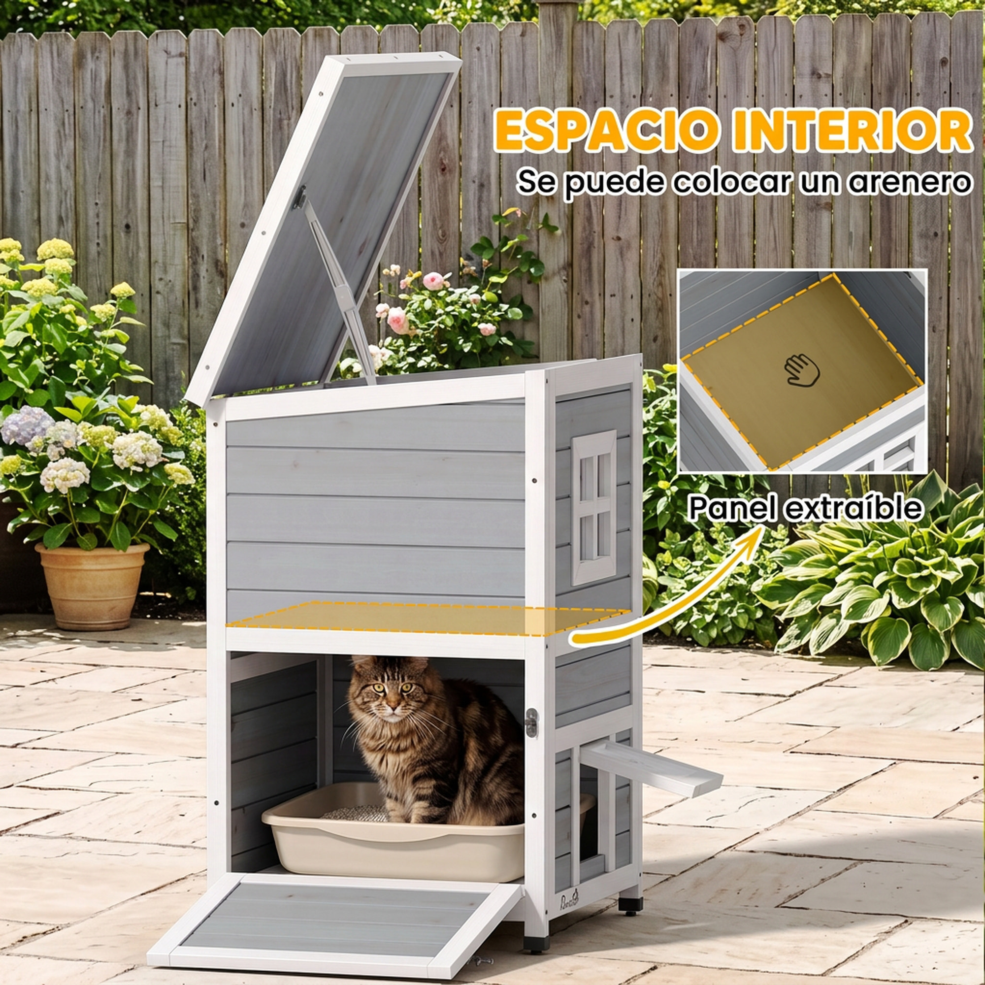 PawHut Caseta para Gatos de Madera Exterior, Casa para Gatos de 2 Niveles con Techo Abatible, Panel Central Extraíble, Ventanas, Puertas, para Terraza, Balcón, Jardín, 51x51x81,3 cm, Gris