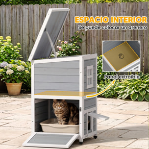 PawHut Caseta para Gatos de Madera Exterior, Casa para Gatos de 2 Niveles con Techo Abatible, Panel Central Extraíble, Ventanas, Puertas, para Terraza, Balcón, Jardín, 51x51x81,3 cm, Gris
