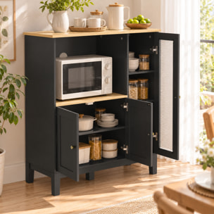 Meuble micro-ondes 3 portes niche verre trempé noir effet bois