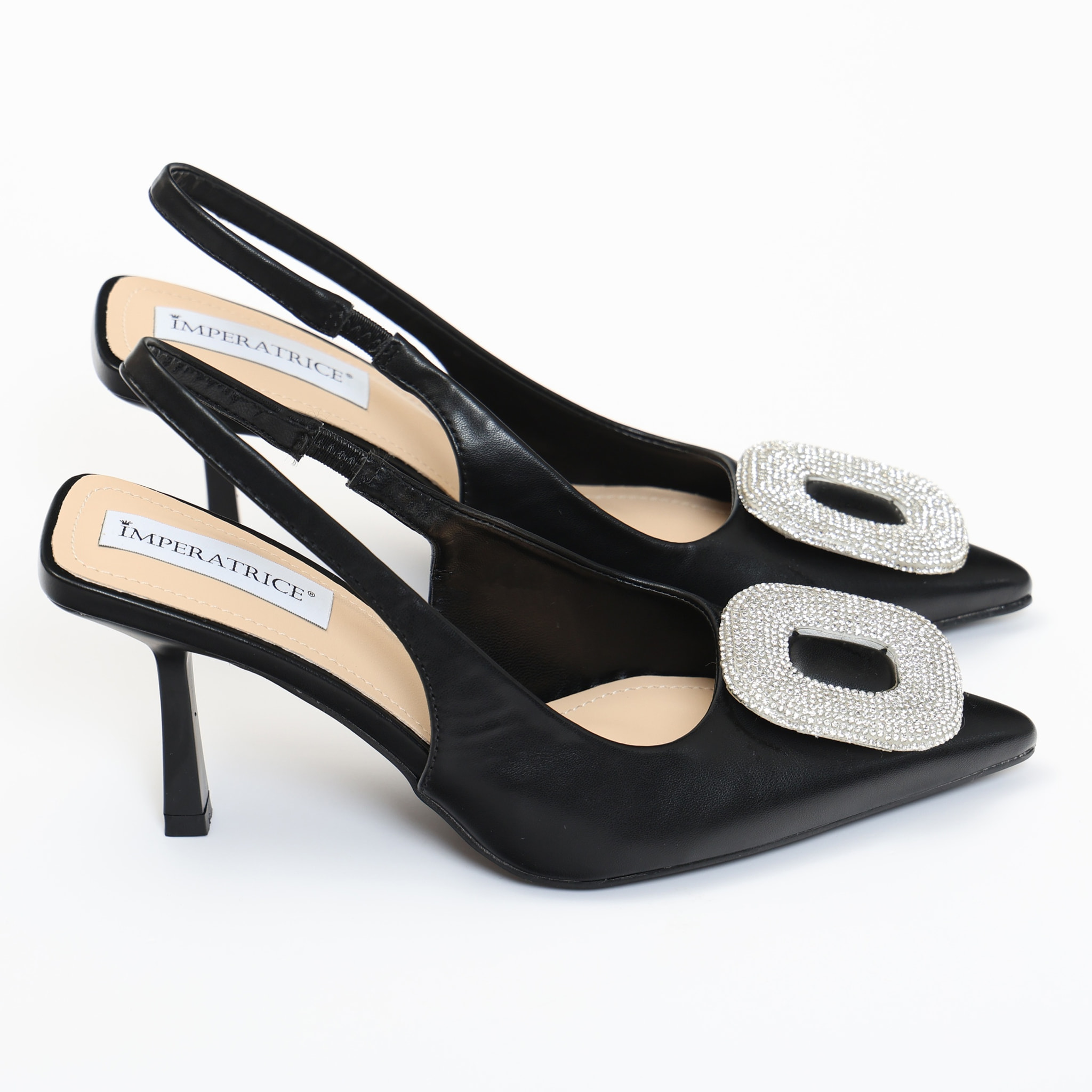 Dècolletè slingback in simil pelle con dettaglio strass sulla punta