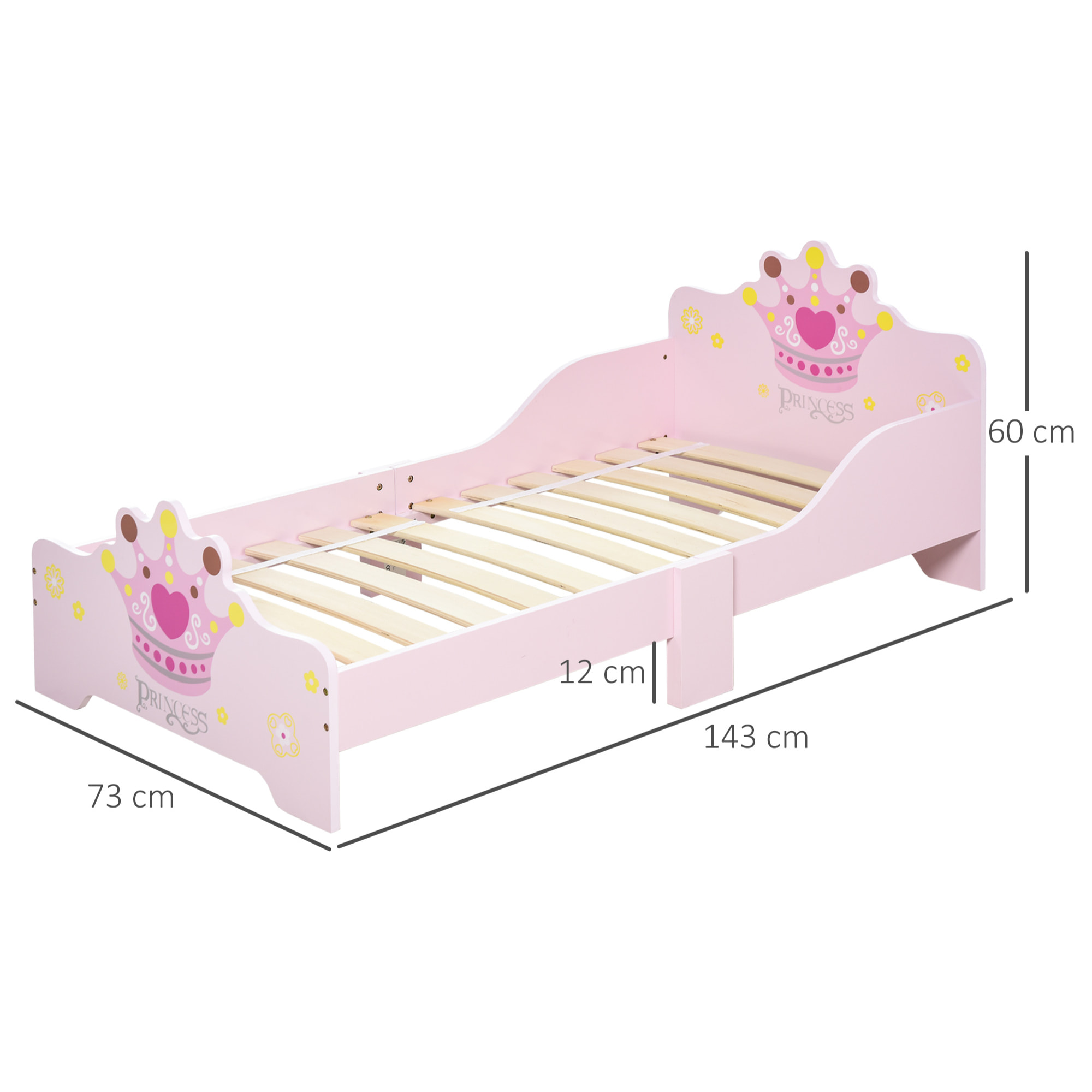 Lit enfant - lit d'enfant design princesse motif couronne - sommier à lattes inclus - MDF contre-plaqué rose