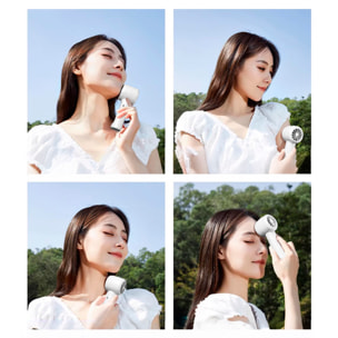 Mini ventilador de mano recargable con 5 velocidades principales y panel refrigerador.